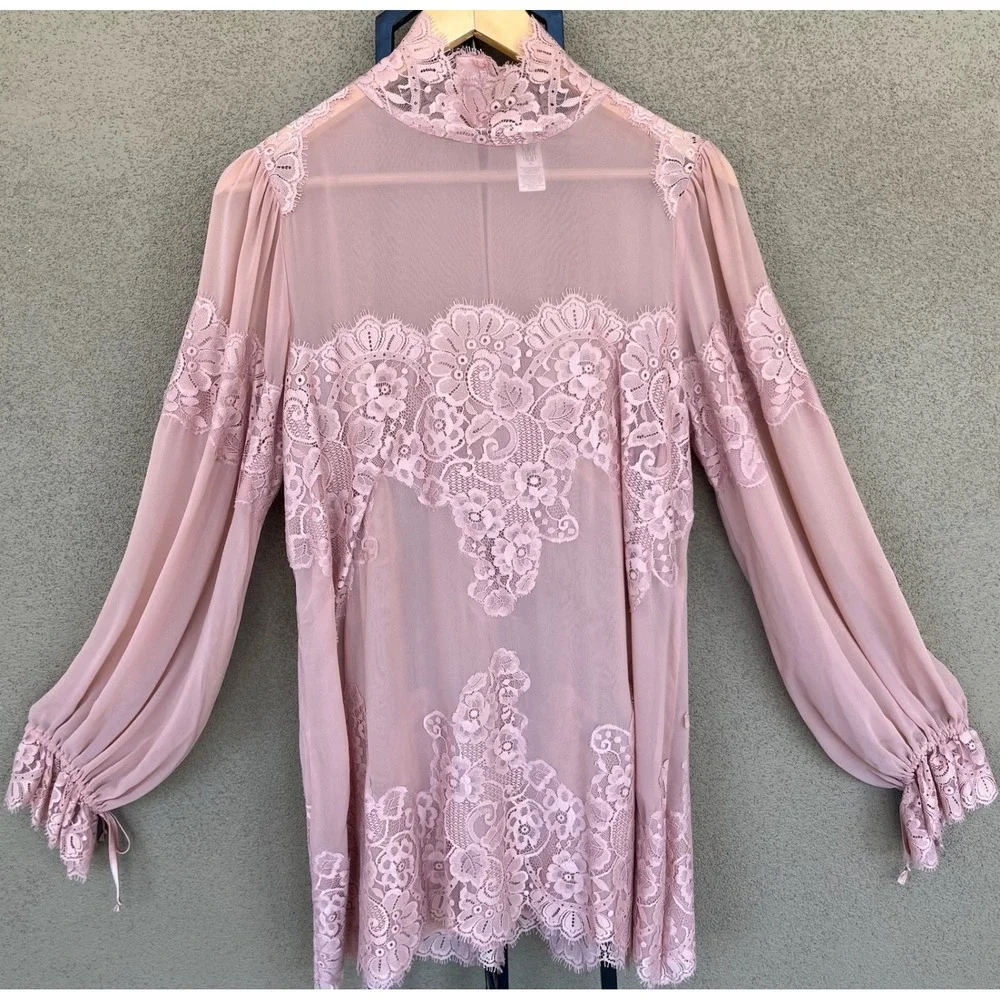 HAH Dusty Rose Pink Lace Trim Blouse Sheer Cover up Romantic‎ Lightweight Medium